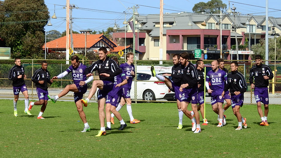 Glory players going through their controlled stretching program.