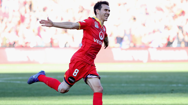 Isaias celebrates  after scoring in the Hyundai A-League Grand Final.